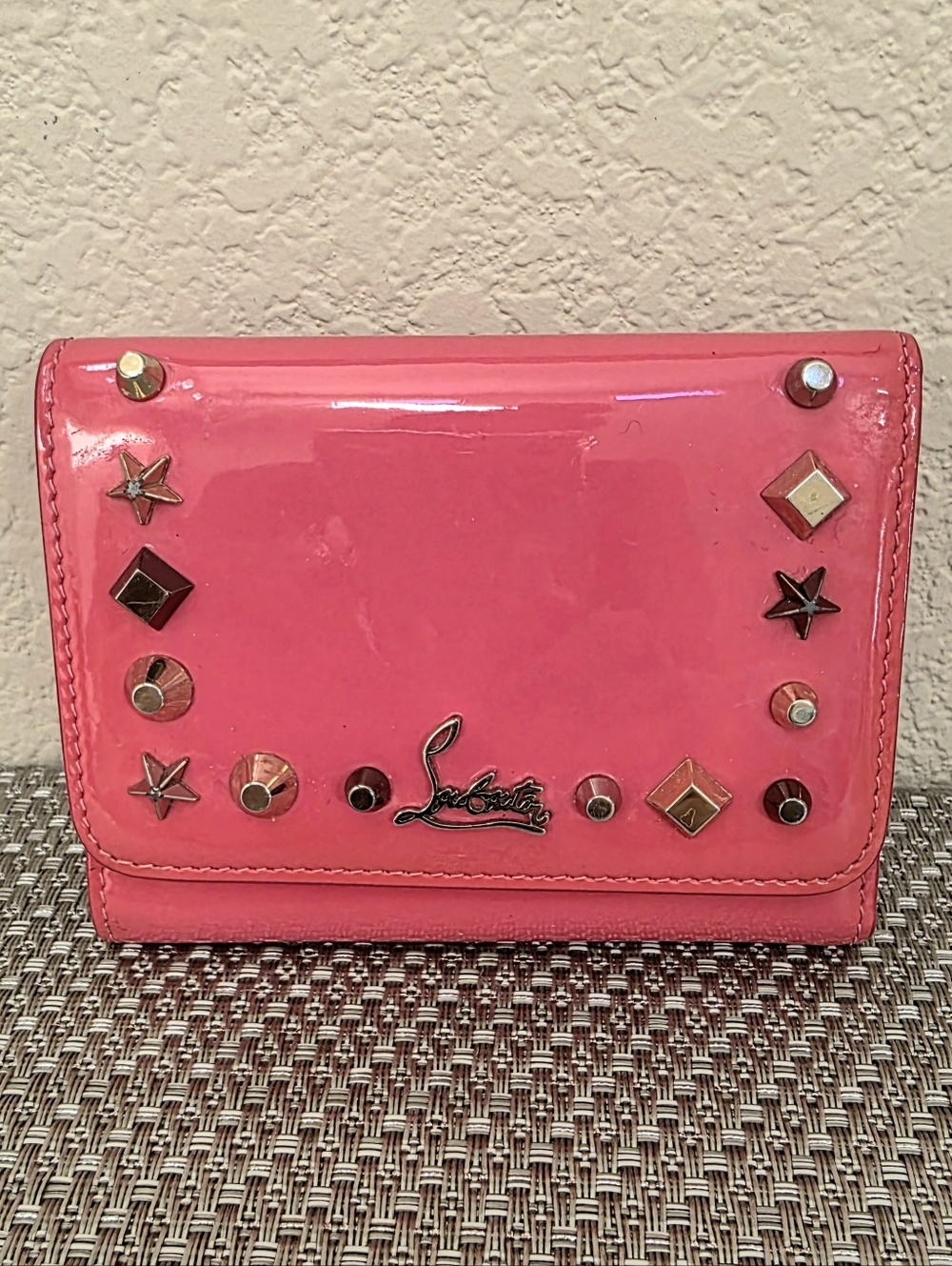 Christian Louboutin Small Pink Patent Leather Gold Silver Logo Studded Wallet